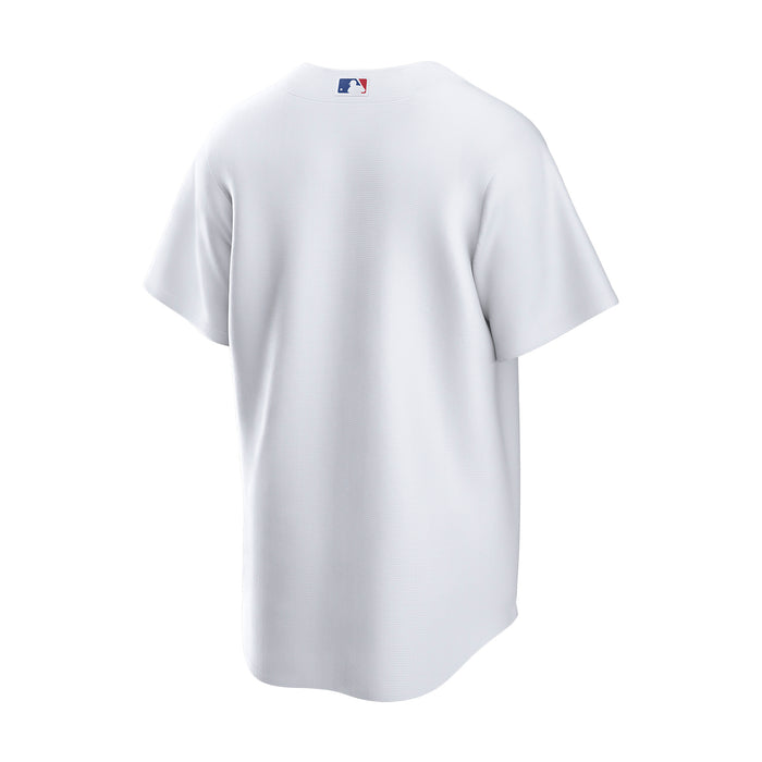 Men's white Dodgers replica home jersey, back view with small MLB logo at neck