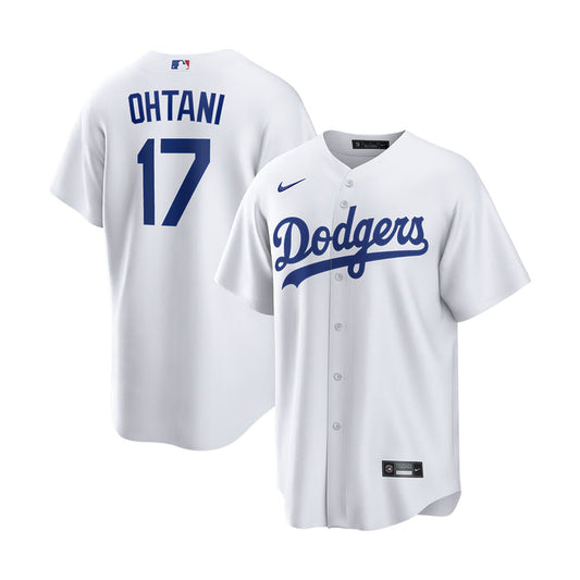 Men's white Dodgers baseball jersey set: Ohtani name and 17 back, button-front front