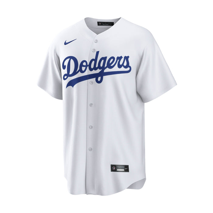 Men's white Dodgers button baseball jersey with blue script logo and Nike swoosh