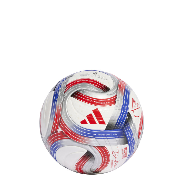 2026 MLS mini soccer ball, white with blue and red panel stripes, metallic accents