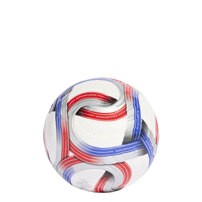 2026 MLS mini soccer ball, white panels with red and blue curved stripes