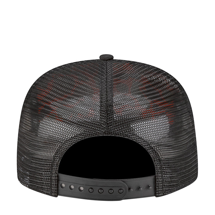 Back view of black mesh trucker cap with adjustable snapback strap