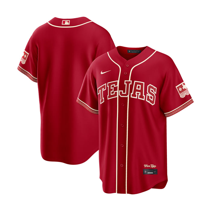 Men's baseball jersey set in red with cream trim, Tejas lettering and Nike logo