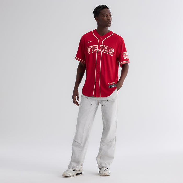 Men's red TEJAS baseball jersey with cream trim, short sleeves and button placket