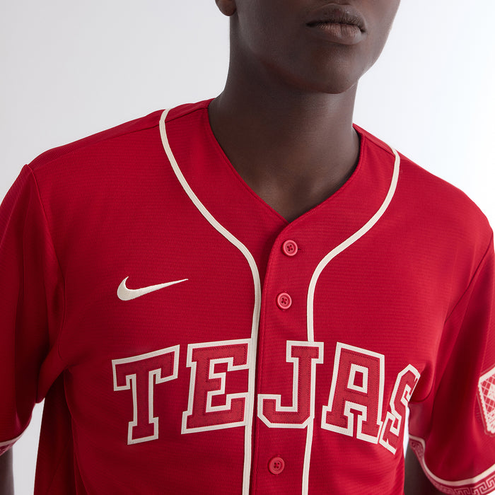 Red baseball jersey with cream collar trim, TEJAS wordmark and Nike swoosh