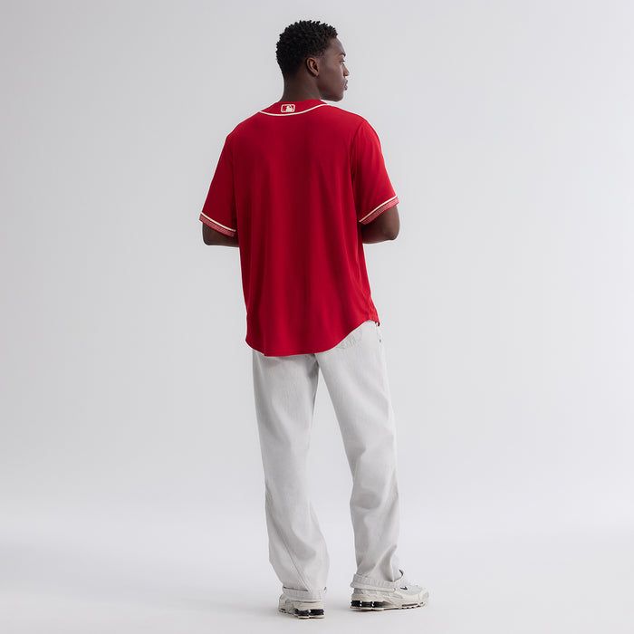 Red baseball jersey back view with cream striped sleeve cuffs and trim
