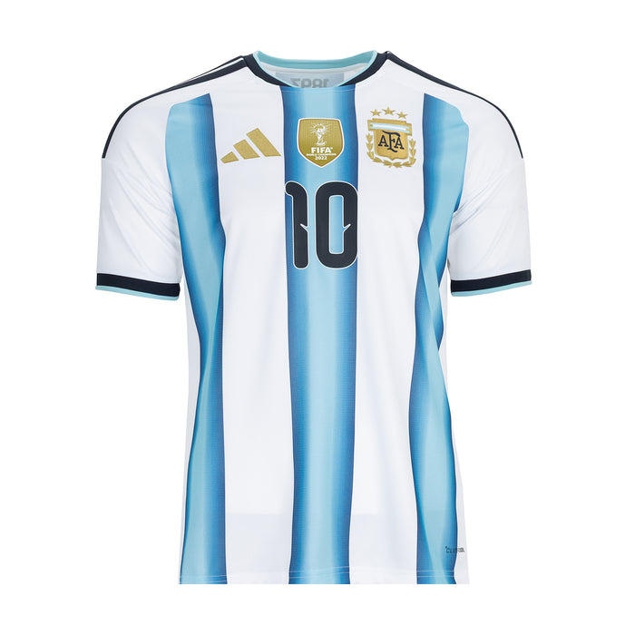Mens home soccer jersey with white and light blue vertical stripes, dark trim, number 10