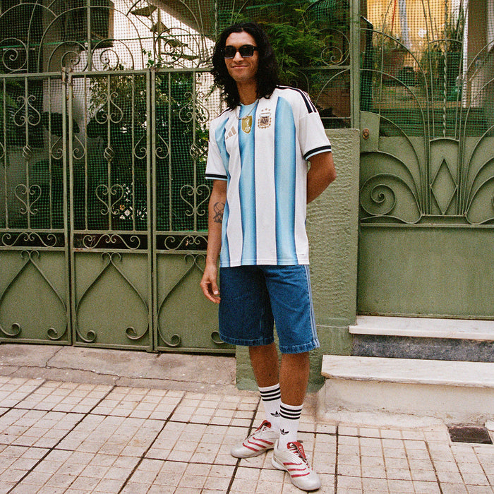 Mens Argentina striped jersey worn with denim shorts and socks