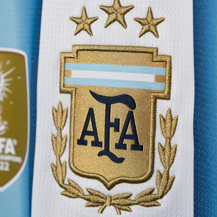 Close-up AFA crest with stars and laurel on white and light blue jersey