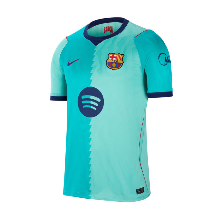 Men's teal soccer jersey with navy collar, Nike swoosh, and FC Barcelona crest