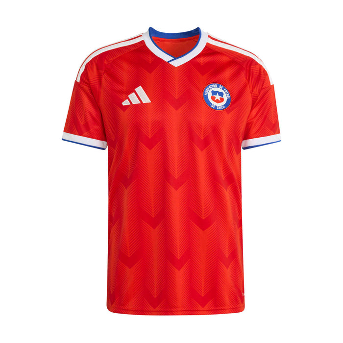 Men's red home soccer jersey with V-neck trim, chevron pattern, and team crest
