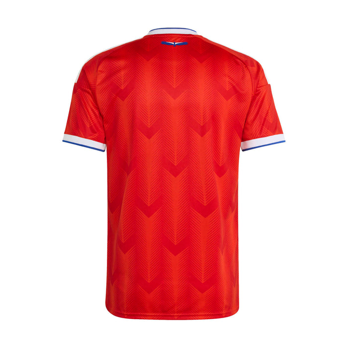 Men's red home soccer jersey back view with chevron texture and white-blue sleeve trim