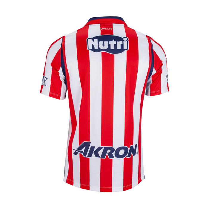 Red and white striped men’s soccer jersey, back view with sponsor logos