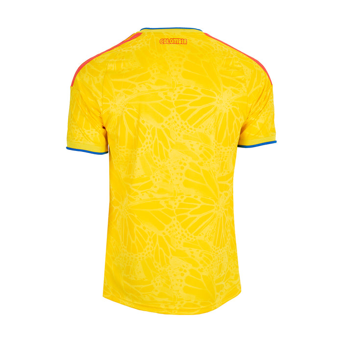 Mens yellow Colombia soccer jersey with blue sleeve trim and back design