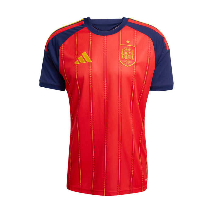 Men's Spain replica home jersey in vivid red with navy sleeves, crest, and Adidas logos