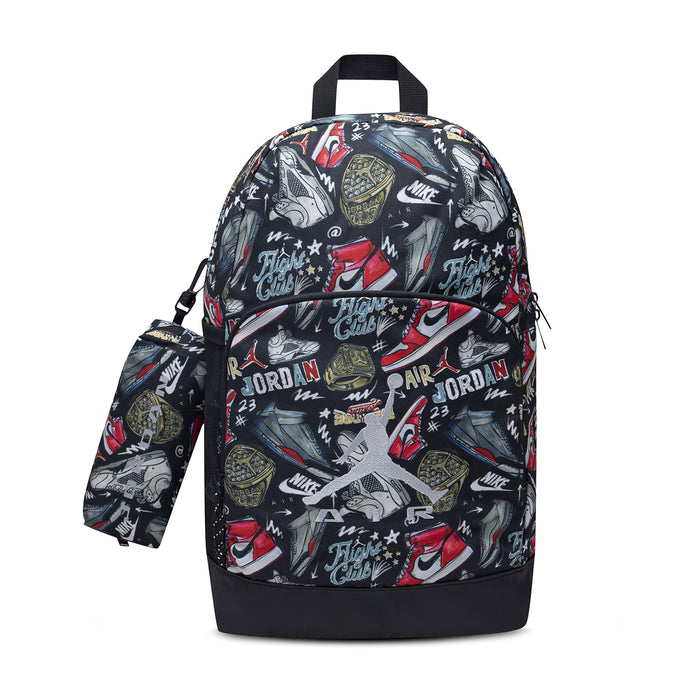Black backpack with sports-themed graphic print and matching pencil case