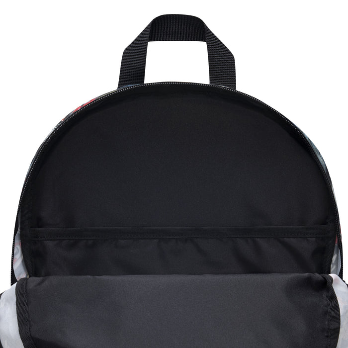 Black backpack with smooth front panel and top carry handle