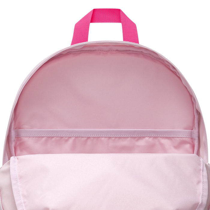 Pink backpack with wide top zipper opening and front panel seam