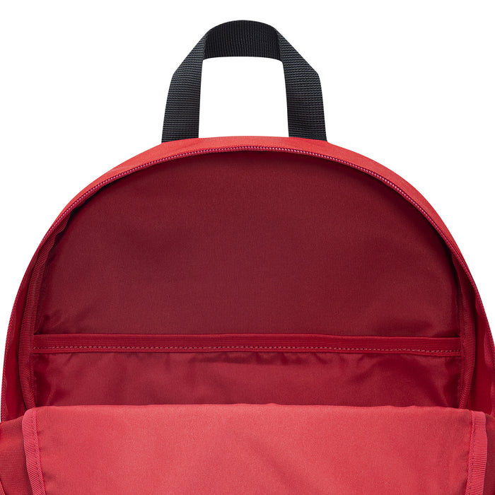 Red backpack top front close-up with zipper and carry handle