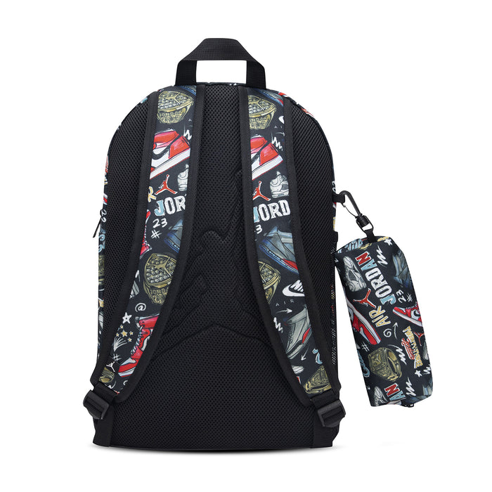 Black backpack with molded back panel, mesh straps, and pencil case