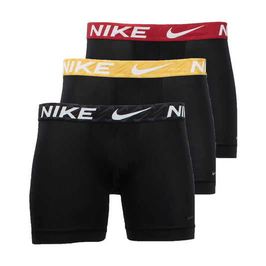 Three-pack micro boxer briefs with Dri-FIT; black, tough red, wheat gold waistbands.