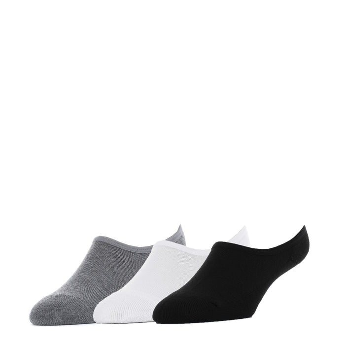 3-pack hidden cushion liner socks, no-show style in grey, white, and black