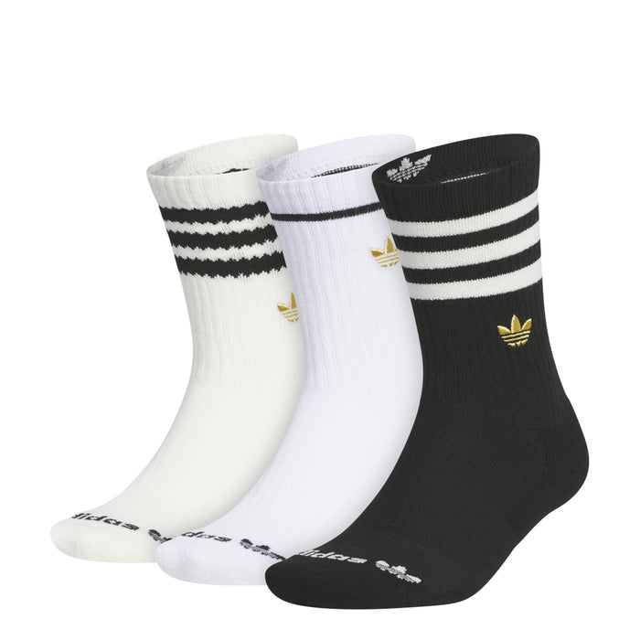 3-pack crew socks with striped bands and gold logo accents on black and white pairs