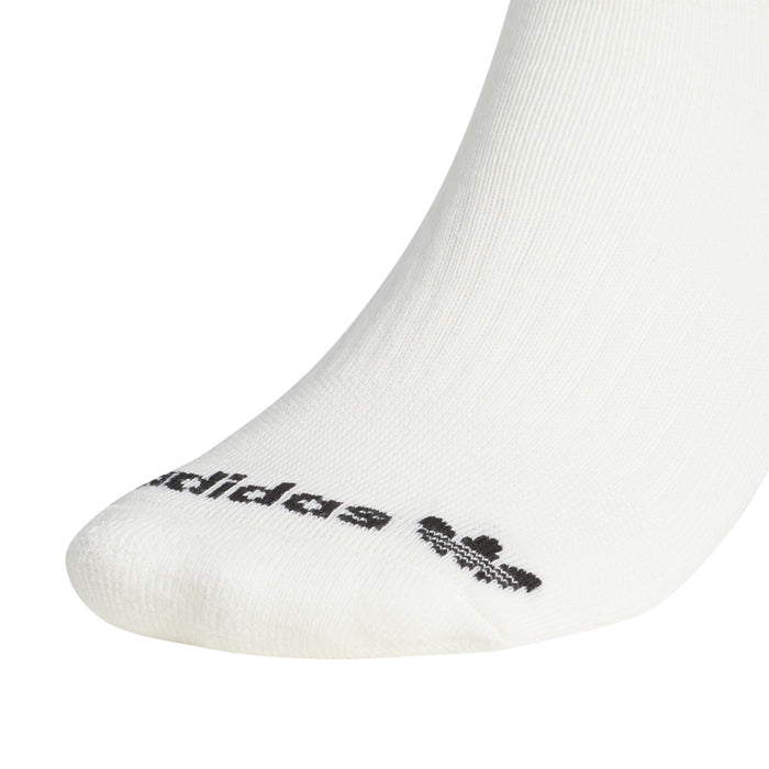 White crew sock with black logo text on the toe