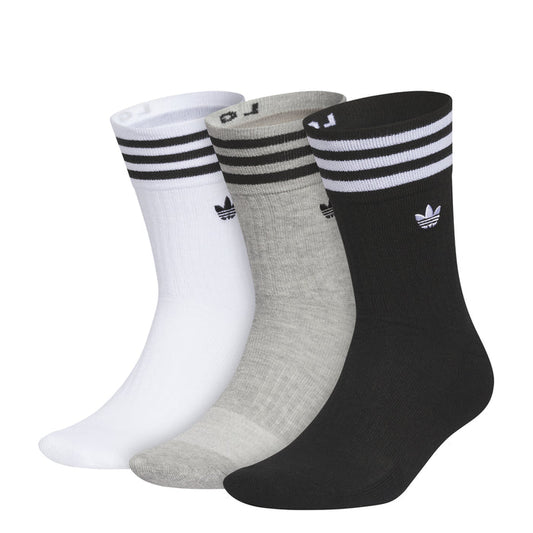 3-pack crew socks in white, heather grey, and black with striped cuffs and logos