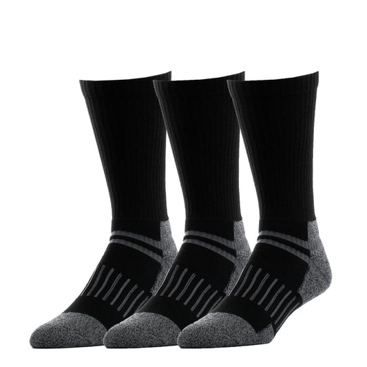 3-pack black crew work socks with ribbed leg and gray striped heel toe