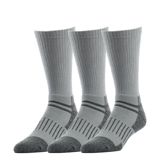 3-pack grey crew work socks with striped cuffs