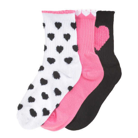 3-pack medium half-crew socks set: white with black heart dots, pink, black with pink heart