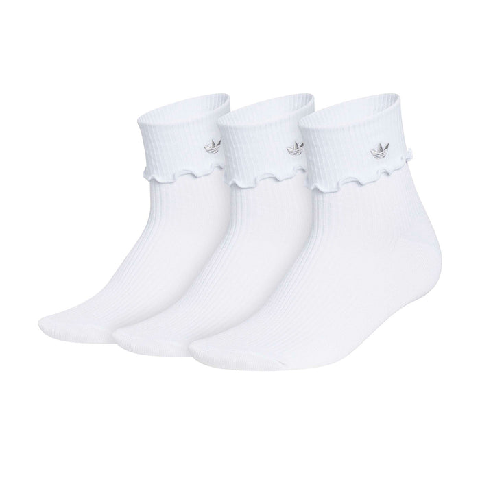 3-pack white quarter socks with ruffled cuff, ribbed knit, and small logo