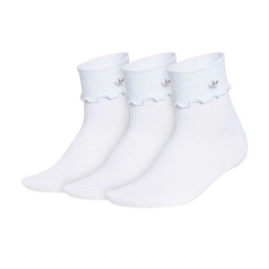 3-pack white quarter socks with ruffled cuff, ribbed knit, and small logo
