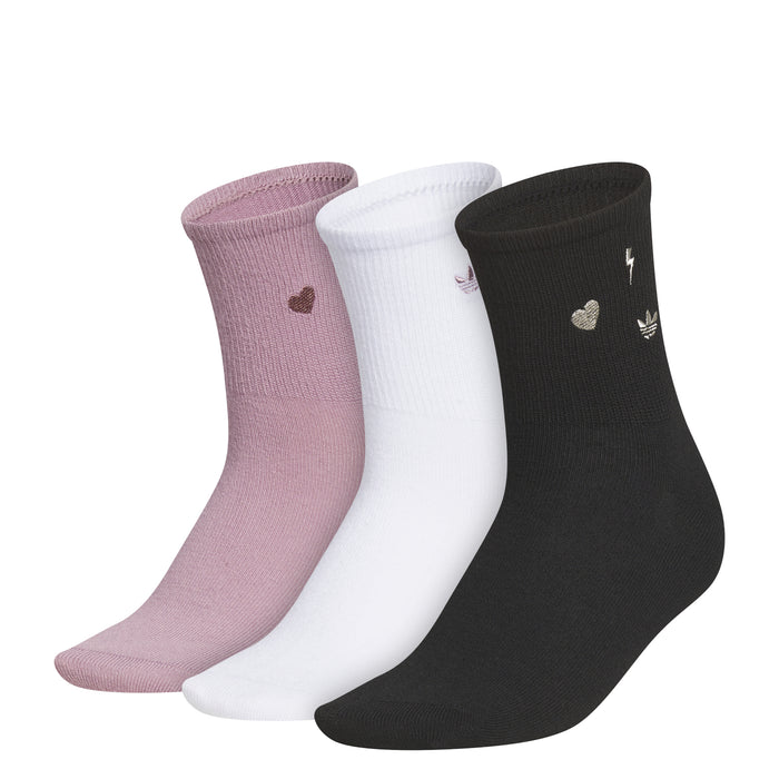 3-pack high-quarter socks: mauve, white, and black with small logo graphics