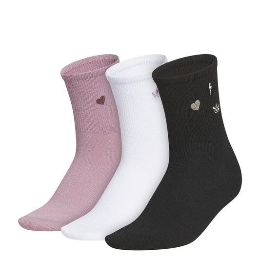3-pack high-quarter socks: mauve, white, and black with small logo graphics