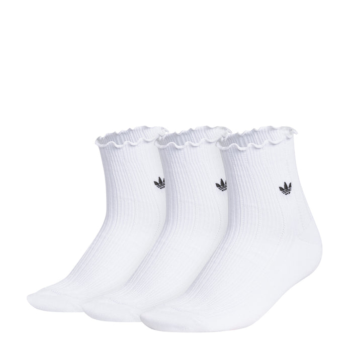 3-pack white quarter socks with ruffled cuffs and black adidas logo