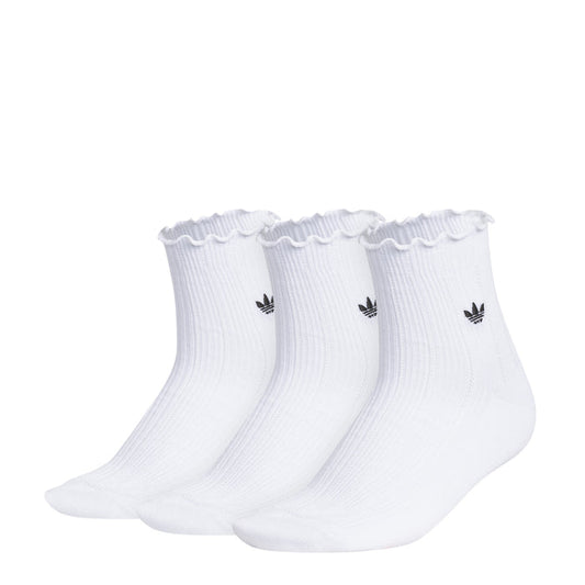 3-pack white quarter socks with ruffled cuffs and black adidas logo