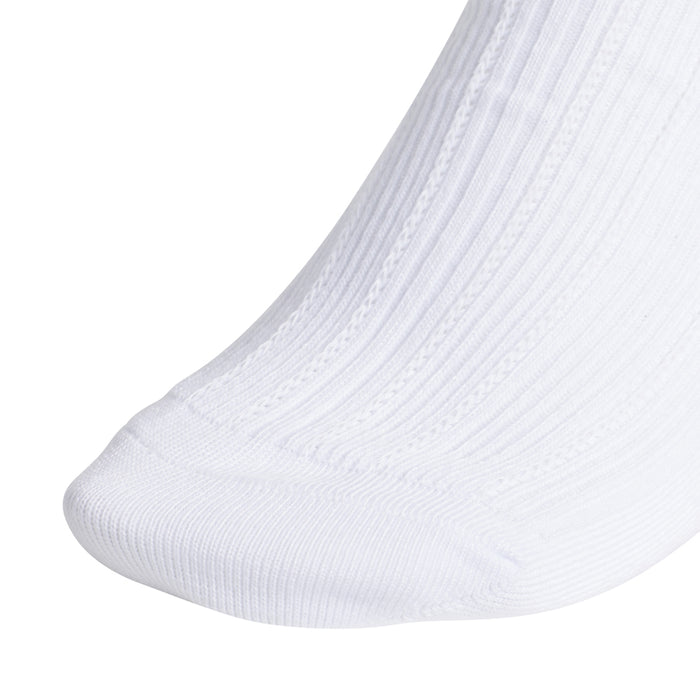 White ribbed quarter sock with ruffled cuff and black adidas trefoil logo
