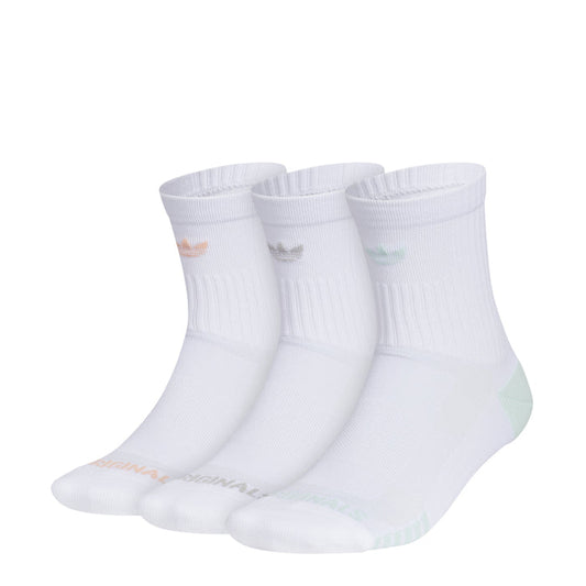 3-pack white high quarter athletic socks with orange logo accents