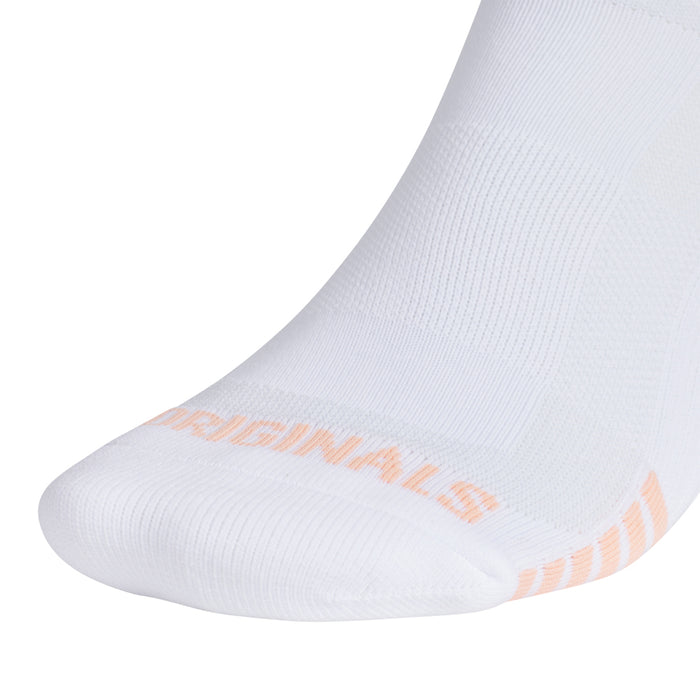 White high quarter sock showing orange toe logo and ribbed knit texture