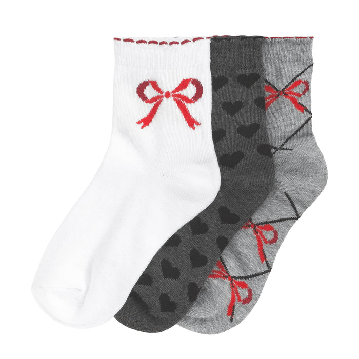 3-pack medium quarter socks, white and gray with red bows and heart patterns