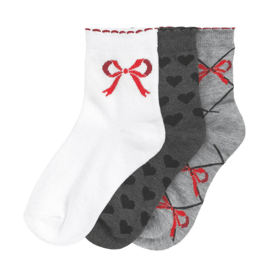 3-pack medium quarter socks, white and gray with red bows and heart patterns