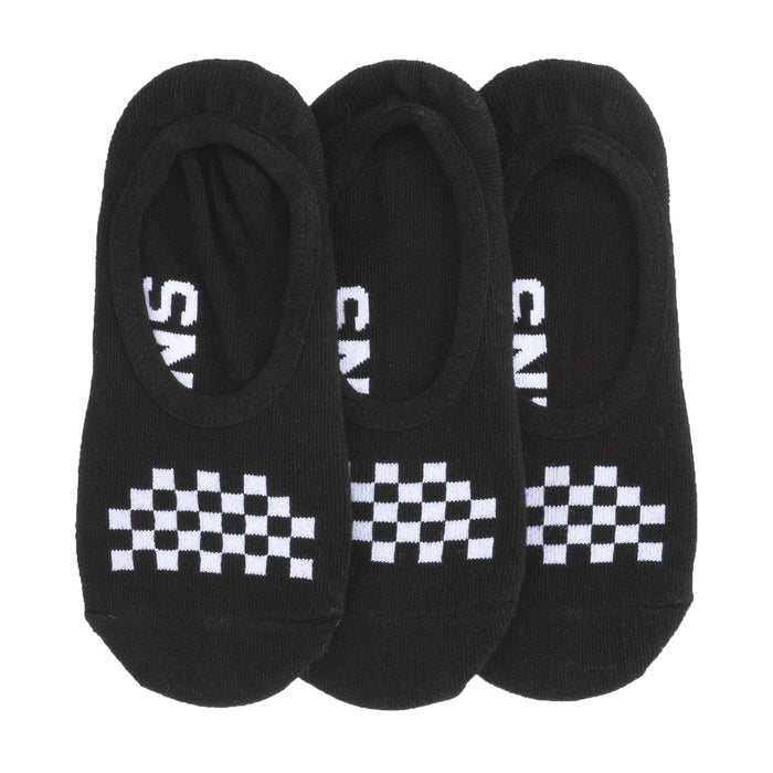 3-pack black low-cut socks with checkered stripe and white lettering at front