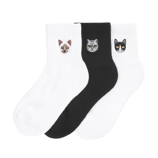 3-pack small half-crew socks with embroidered cat faces, white and black knit