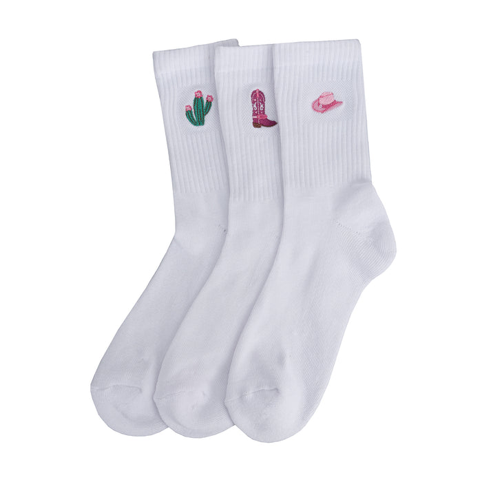 Three-pack white half crew socks with embroidered cactus, boot, and hat accents