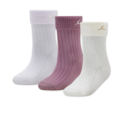 3-pack half-crew socks with foldover cuffs, mauve, pale ivory, and light lavender