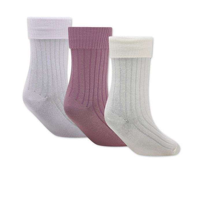 Foldover half-crew socks set in mauve, pale ivory, and light lavender with logos