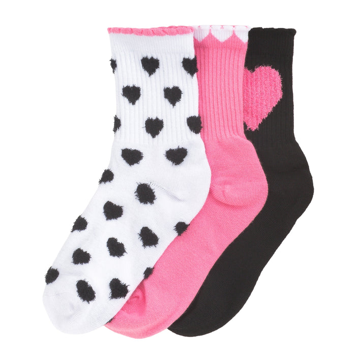 3-pack half crew socks: white with black hearts, pink, and black with pink heart