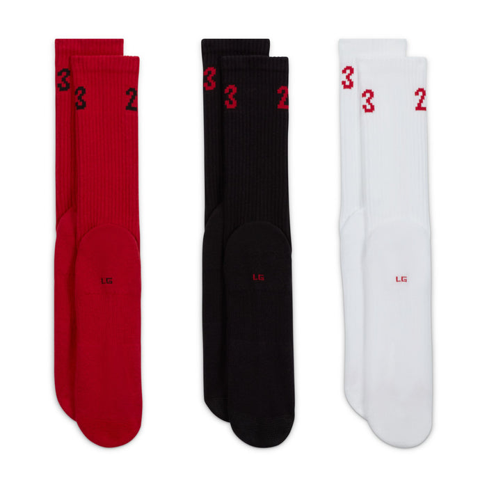 3-pack crew socks with "3" and "2" on red, black, and white